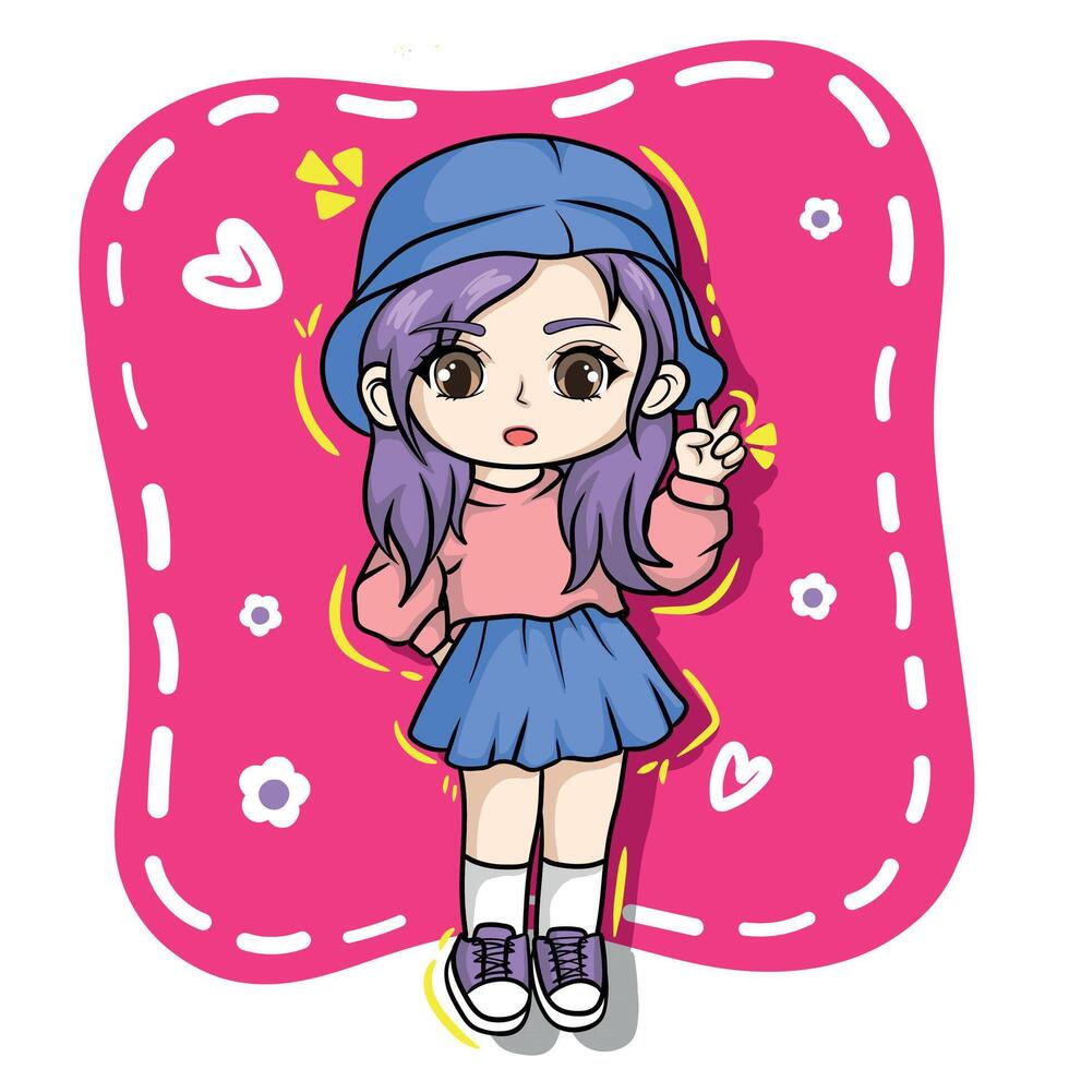 Cute little girl in blue skirt and cap illustration. vector