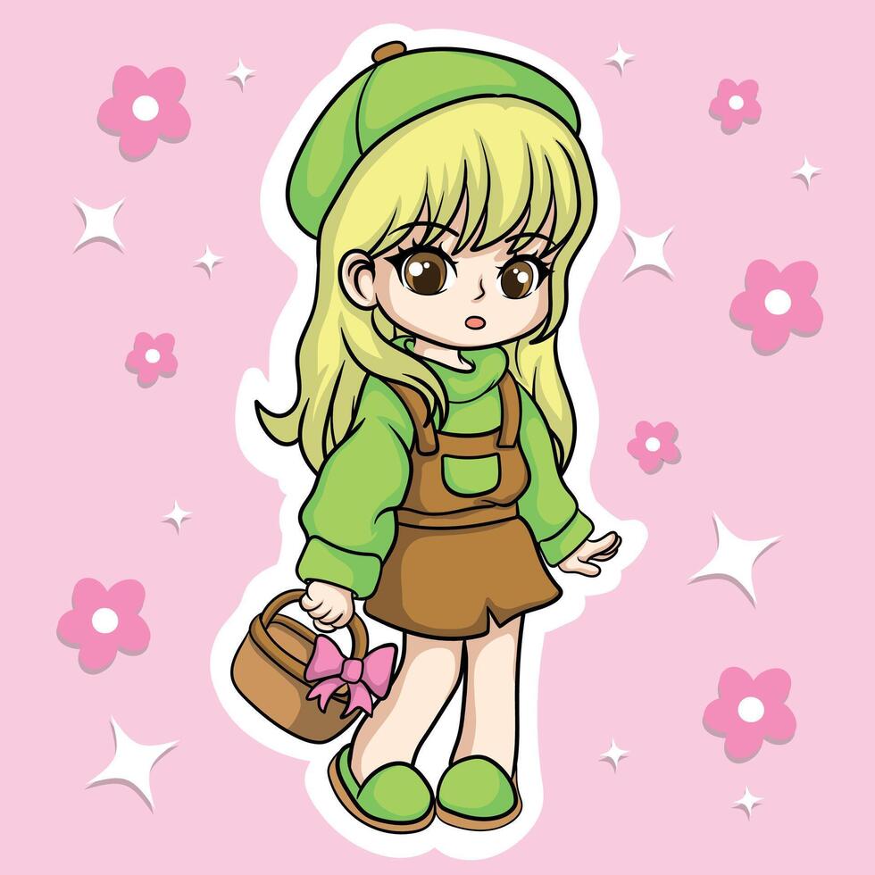 Cute little girl in green dress and beret illustration. vector