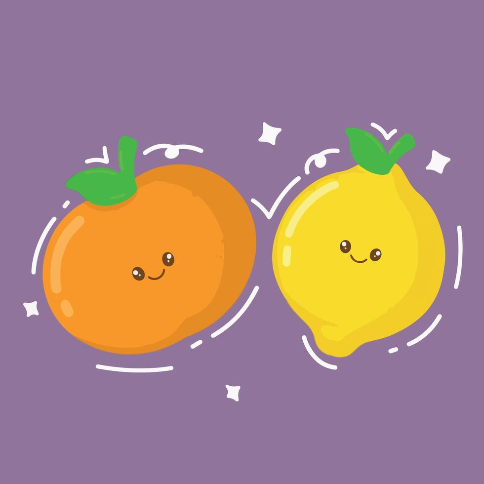 Cute kawai lemon and orange fruits illustration. vector