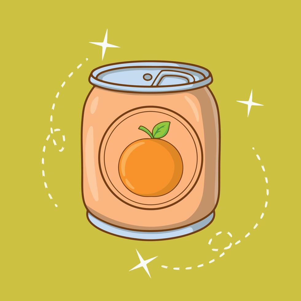 Canned orange juice in a tin can illustration in cartoon style. vector