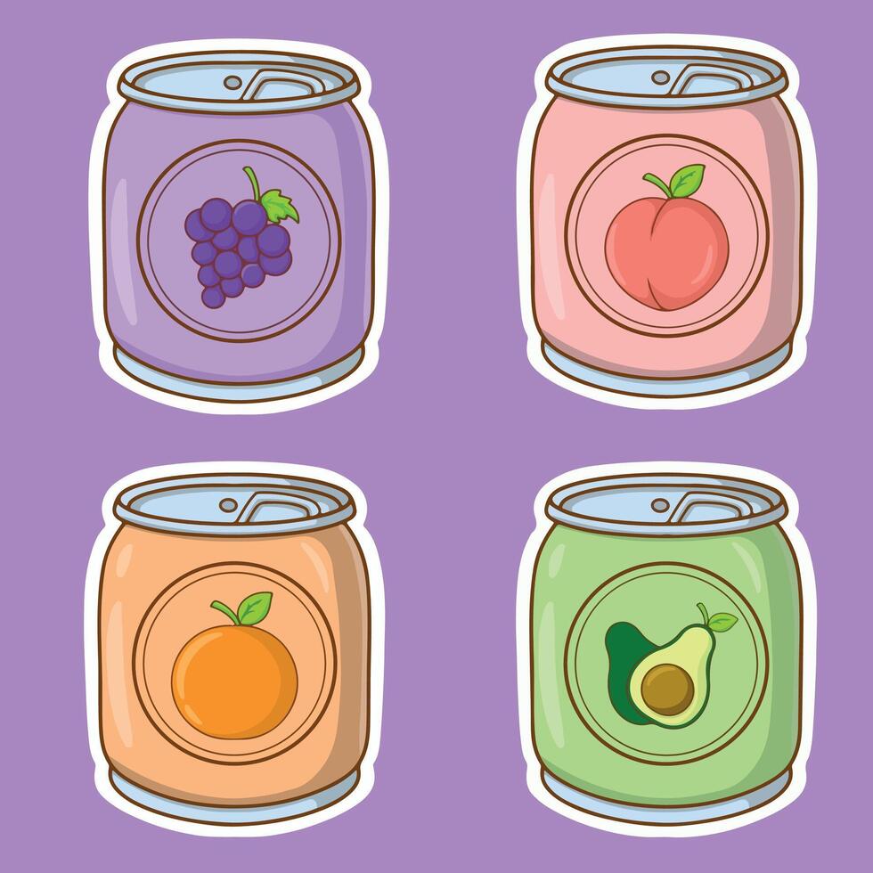 illustration of a set of cans with fruits and berries in cartoon style vector