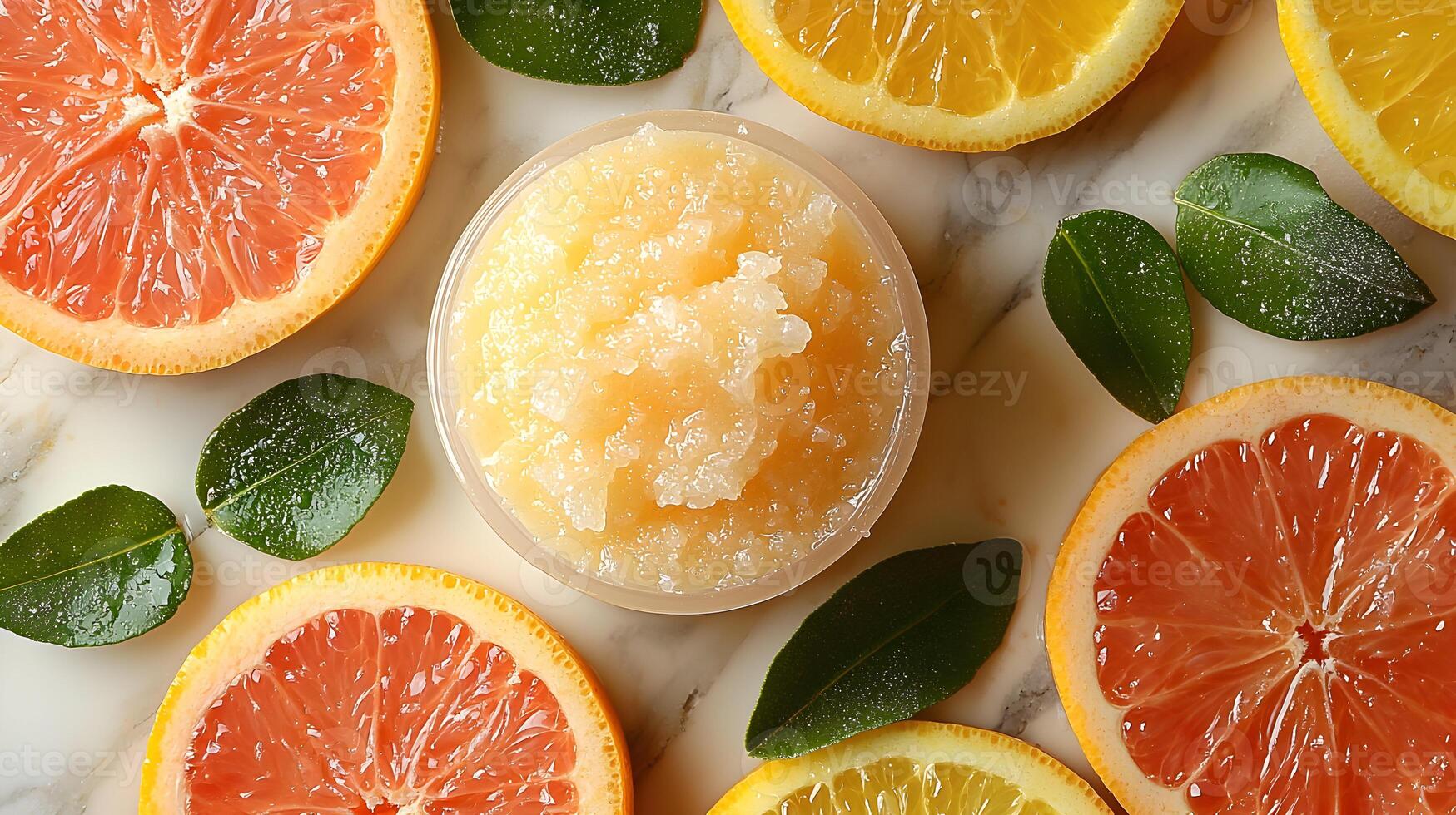 A gentle exfoliating scrub placed on a marble surface with fresh citrus slices and vibrant sunlight, reflecting the essence of refreshing renewal and glowing skin photo