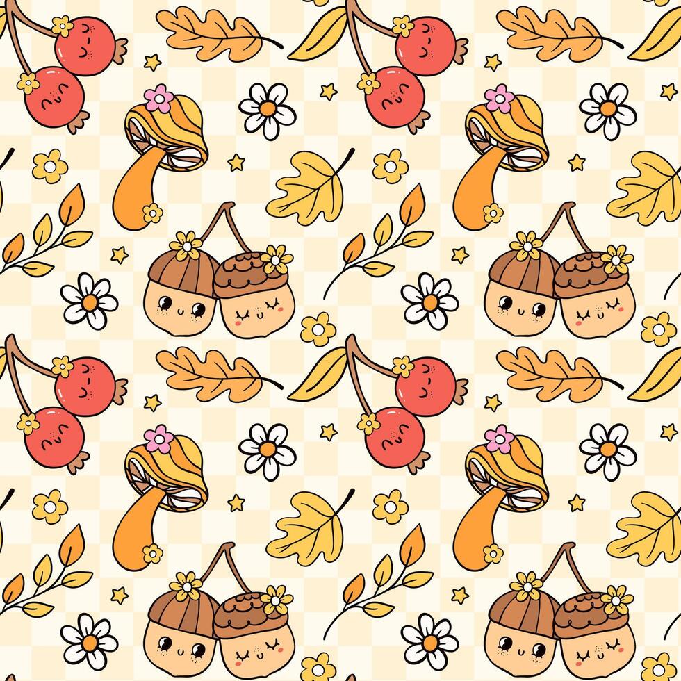 Retro Groovy Cozy Fall Vibe Autumn Seamless Pattern checkered background vector