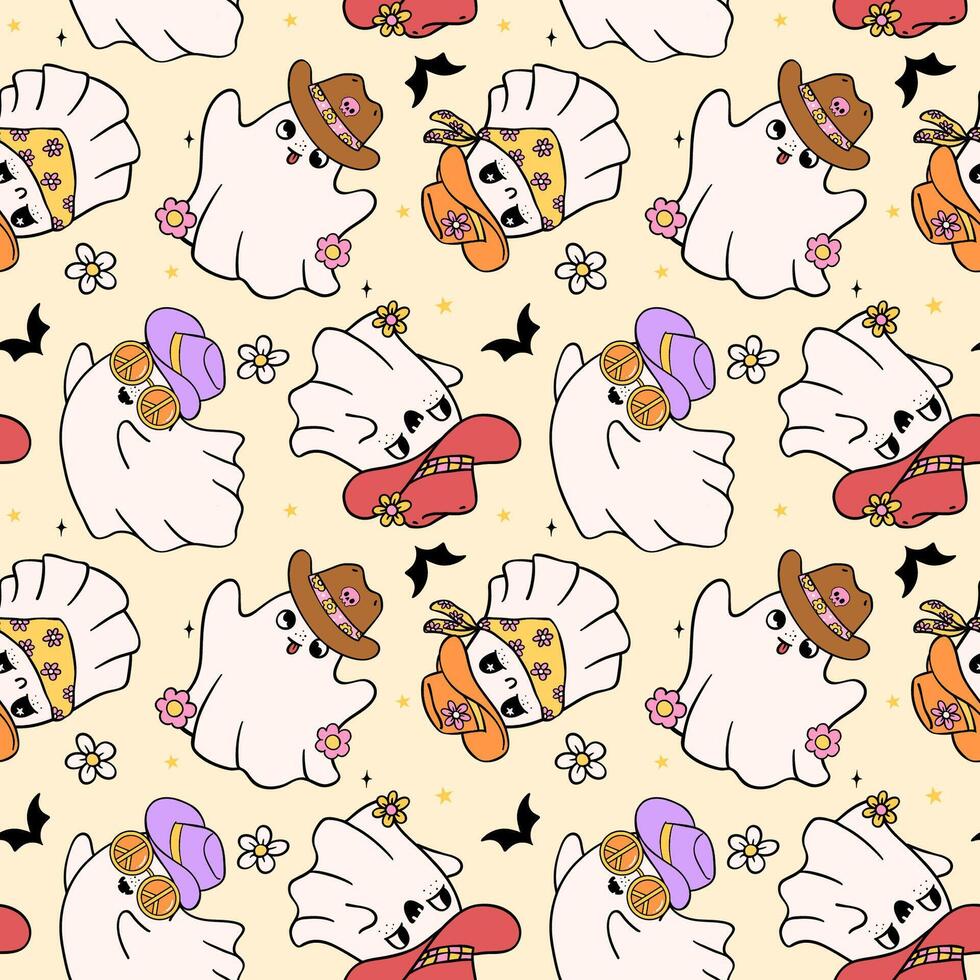 Retro Cowboy Halloween ghost Seamless Pattern Howdy Western Doodle isolated on background. vector