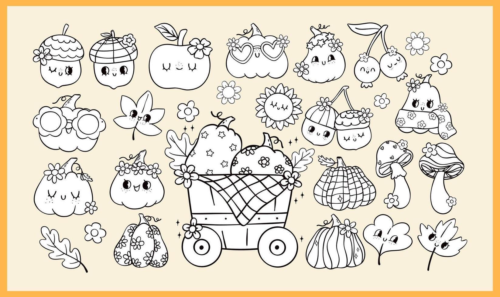 Groovy Retro Autumn Pumpkin Coloring Image Page Clipart Set with Fall Vibe Doodle Outline Elements vector