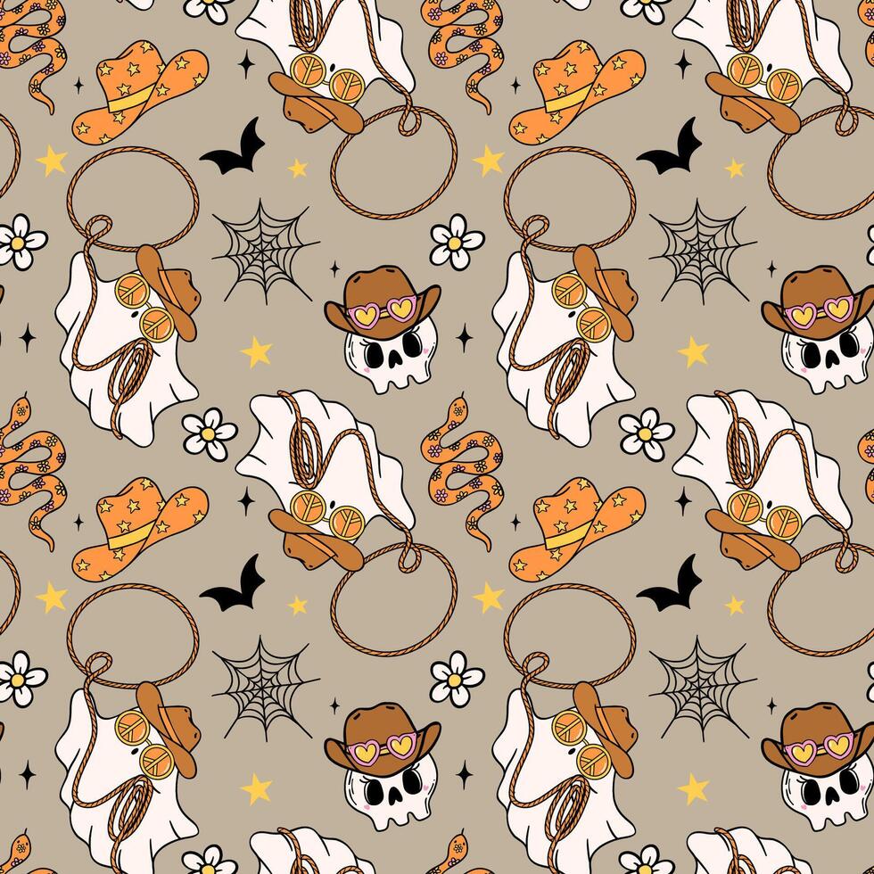 Western Halloween Seamless Pattern Cowboy Ghost Lasso Doodle Retro Groovy isolated on background. vector