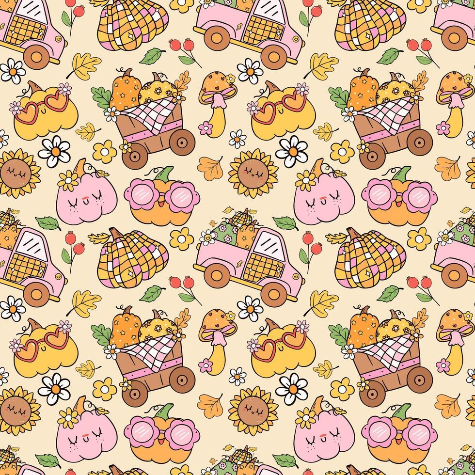 Retro Groovy Cozy Autumn Fall Harvest vibe doodle Seamless Pattern background vector