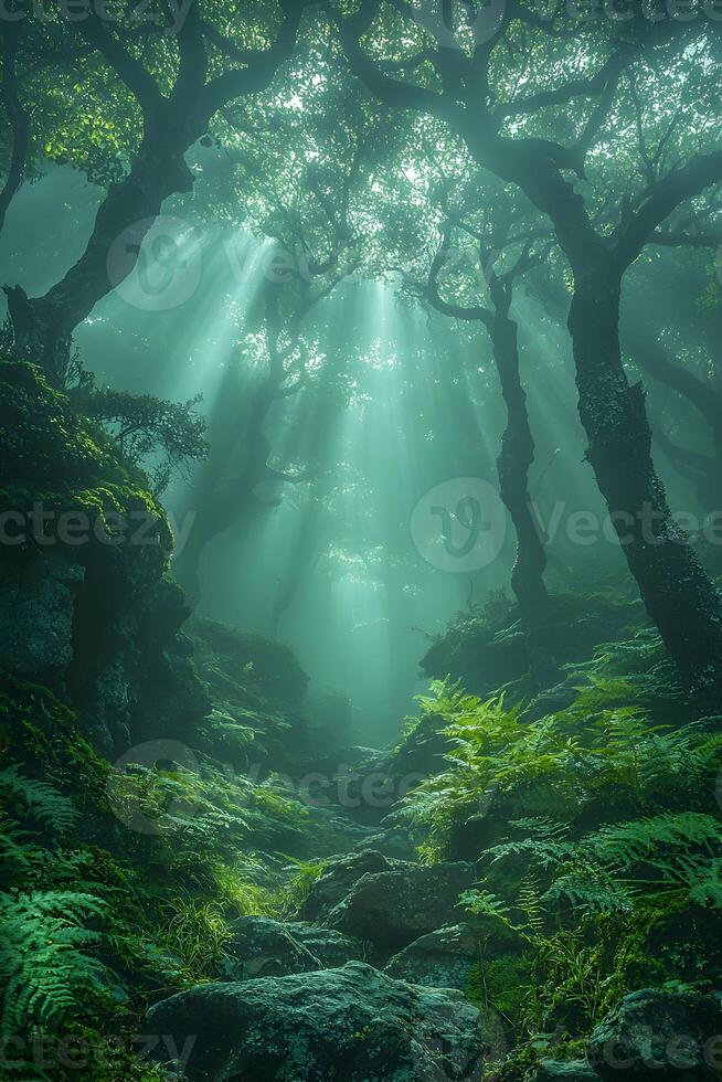 A mystical fog-covered forest with towering ancient trees, vines hanging from the branches, the ground covered in ferns and moss, beams of light piercing through the fog photo