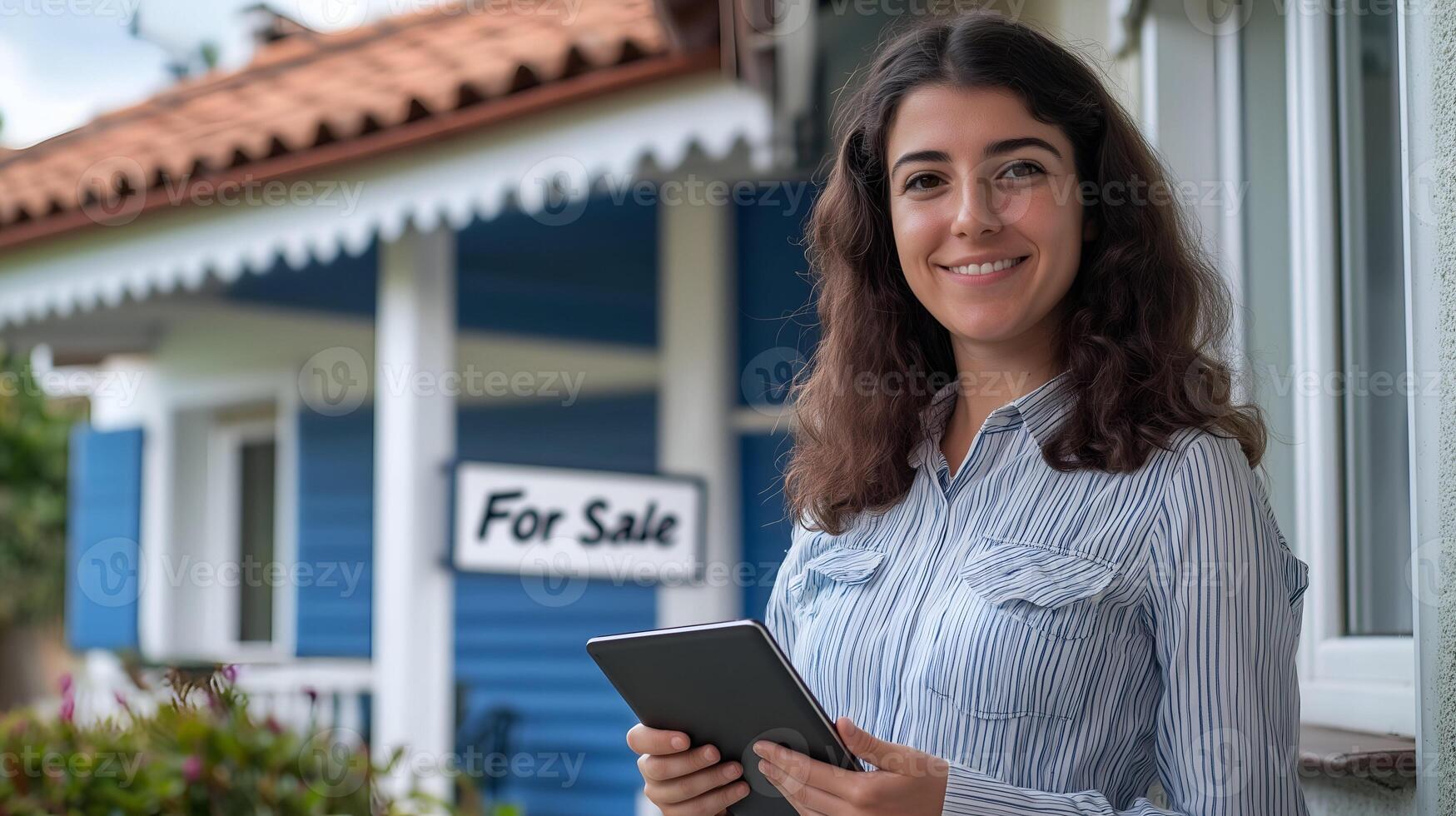 A woman holding a tablet in front of a house photo