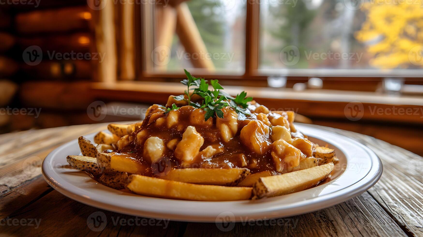 A plate of poutine with thick-cut fries, cheese curds, and gravy, garnished with fresh parsley and placed on a wooden table near a cozy log cabin window photo