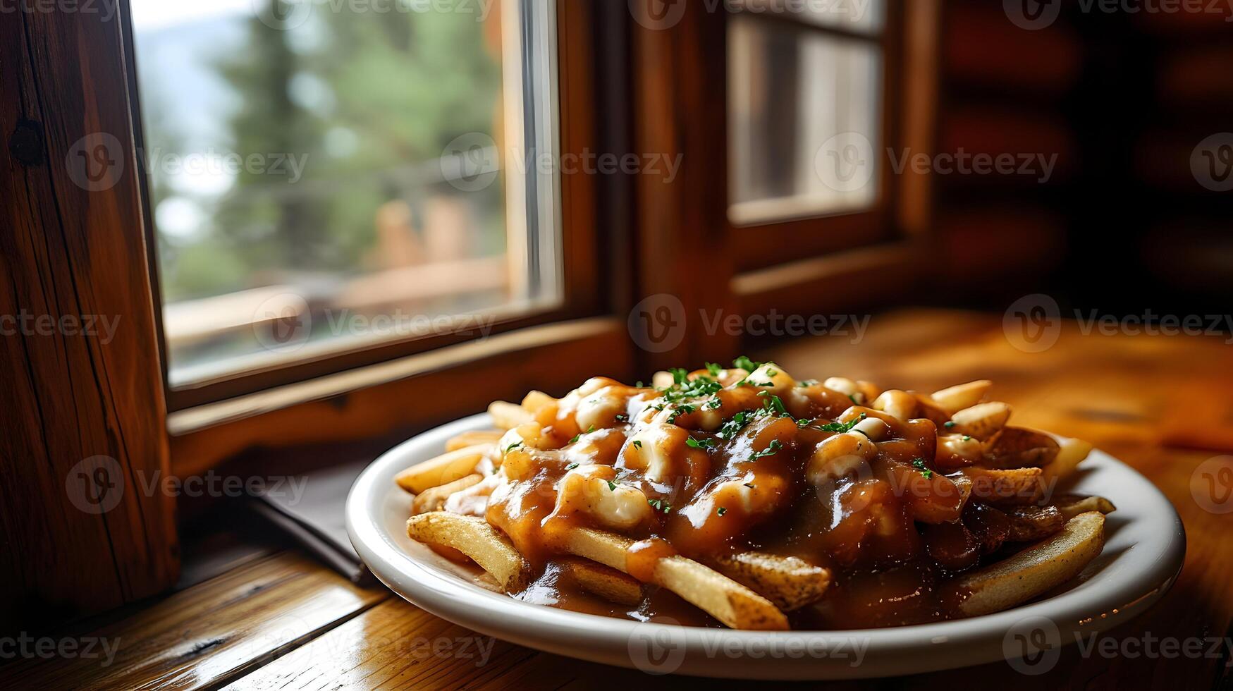 A plate of poutine with thick-cut fries, cheese curds, and gravy, garnished with fresh parsley and placed on a wooden table near a cozy log cabin window photo