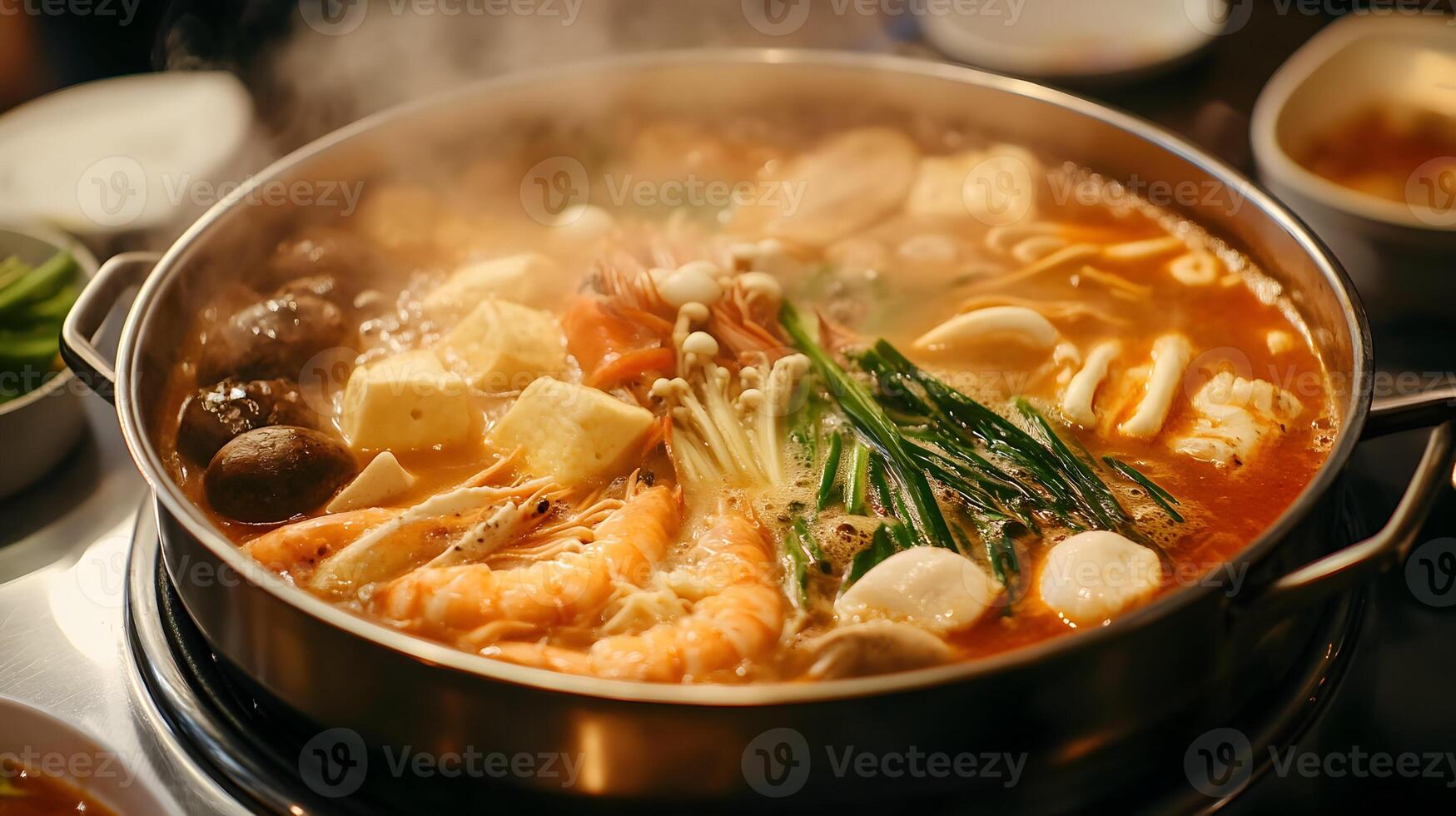 A pot of soup with seafood and vegetables photo