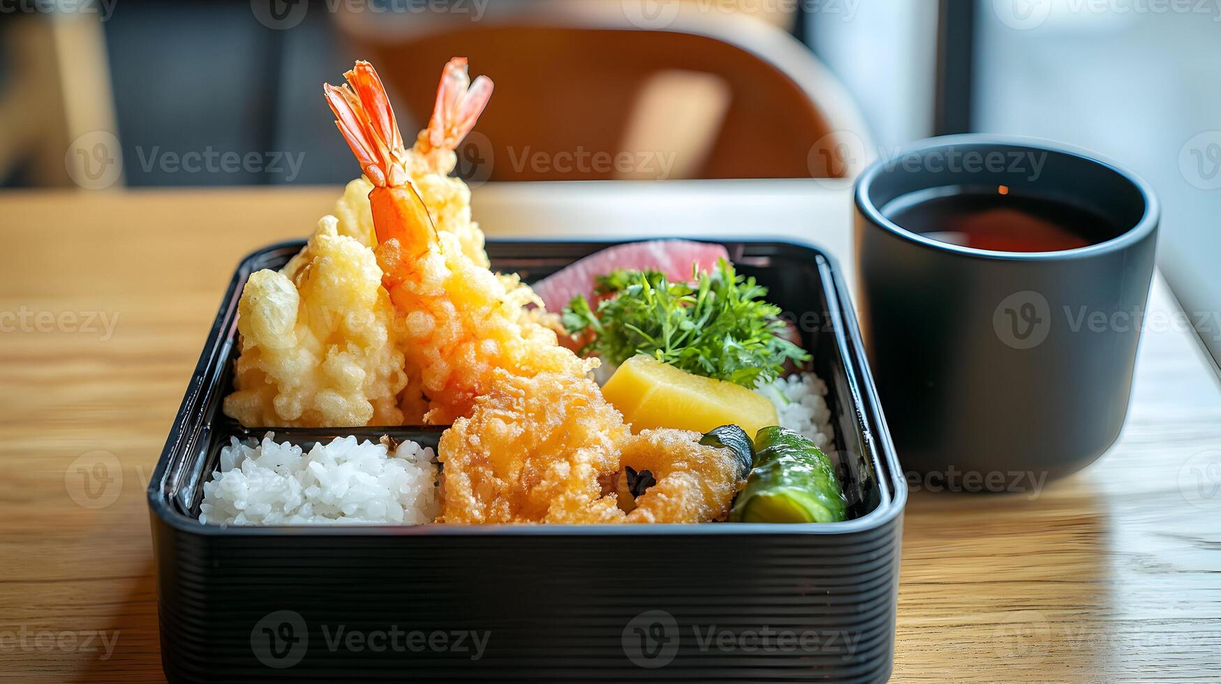 A traditional Japanese bento box filled with tempura shrimp, rice, pickled vegetables, and tamagoyaki, placed neatly on a wooden table with a simple black tea cup photo
