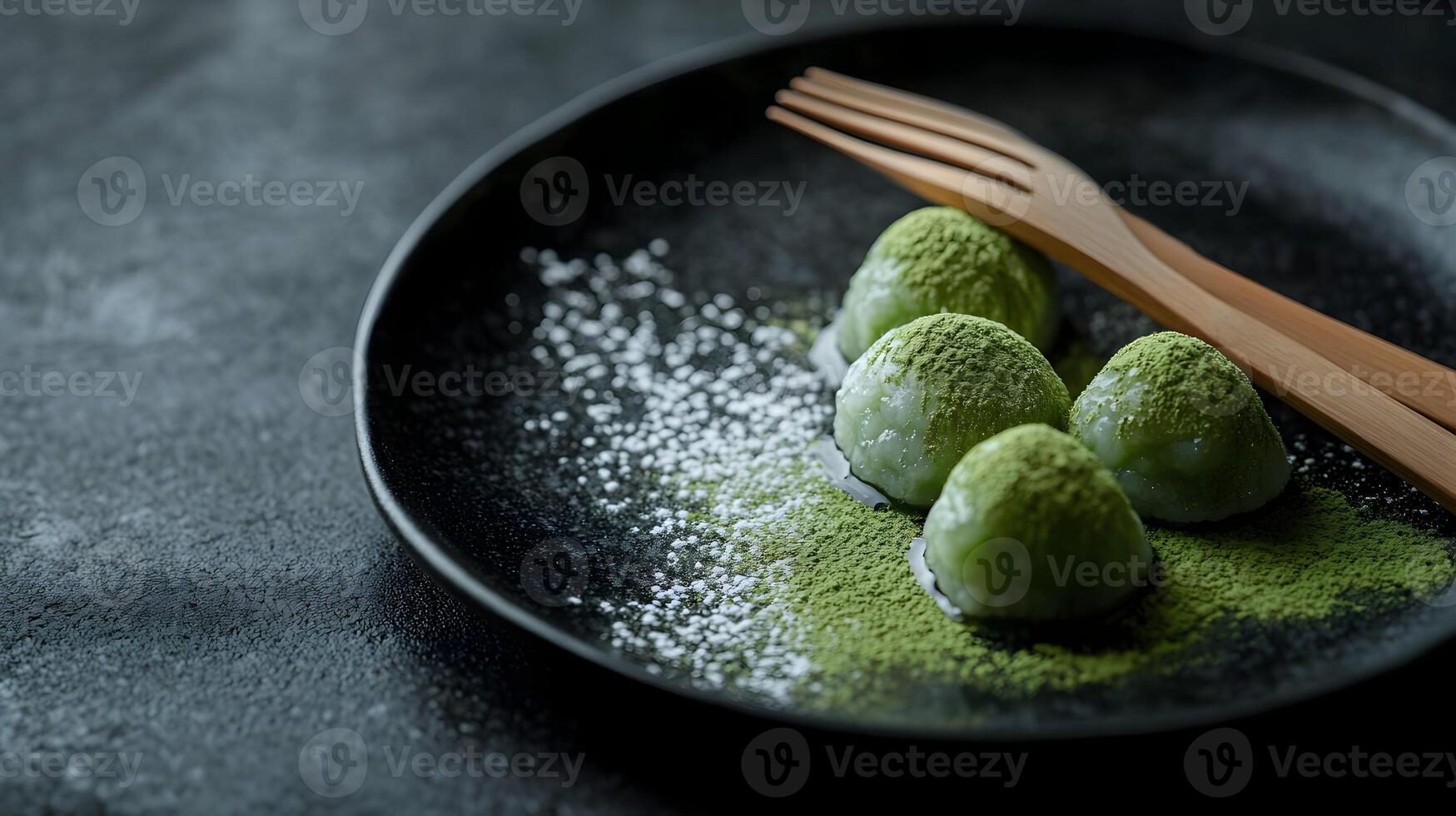 A delicate plate of matcha green tea mochi with powdered matcha dusting the surface, served with a tiny wooden fork on a minimalist black plate photo