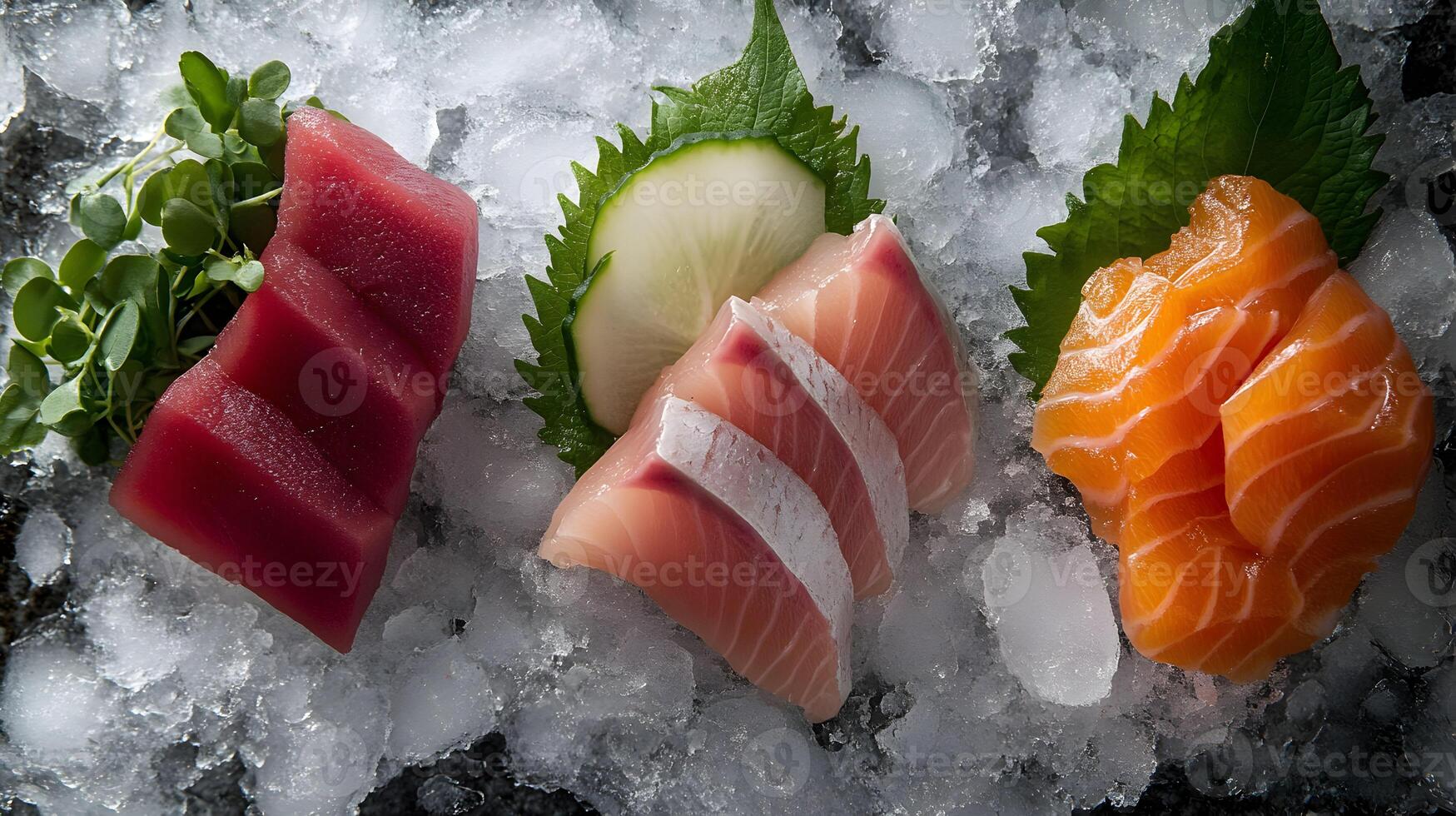 An artistic presentation of sashimi on ice, with slices of tuna, salmon, and yellowtail laid out alongside shiso leaves and finely sliced daikon radish photo