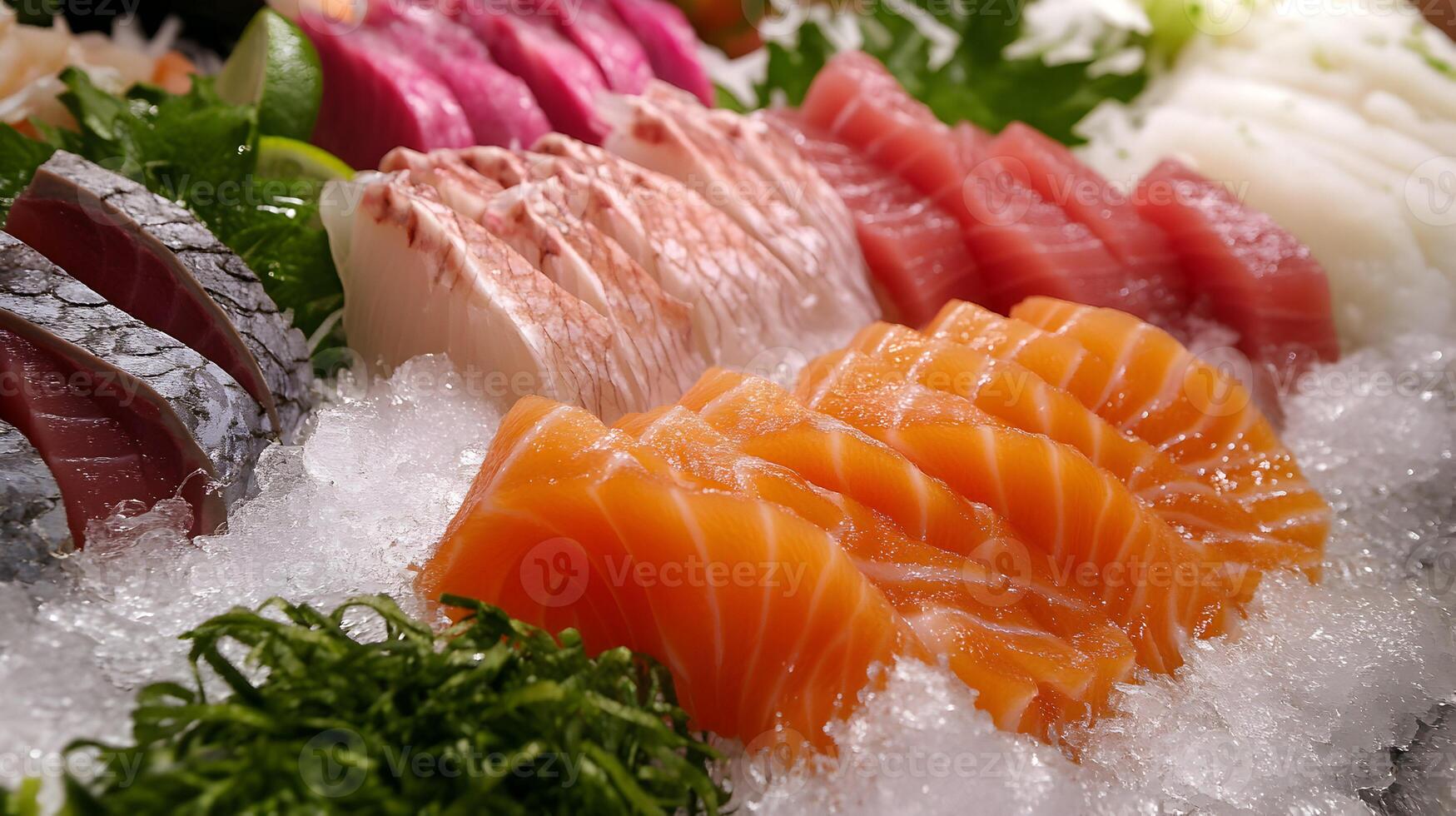 An artistic presentation of sashimi on ice, with slices of tuna, salmon, and yellowtail laid out alongside shiso leaves and finely sliced daikon radish photo