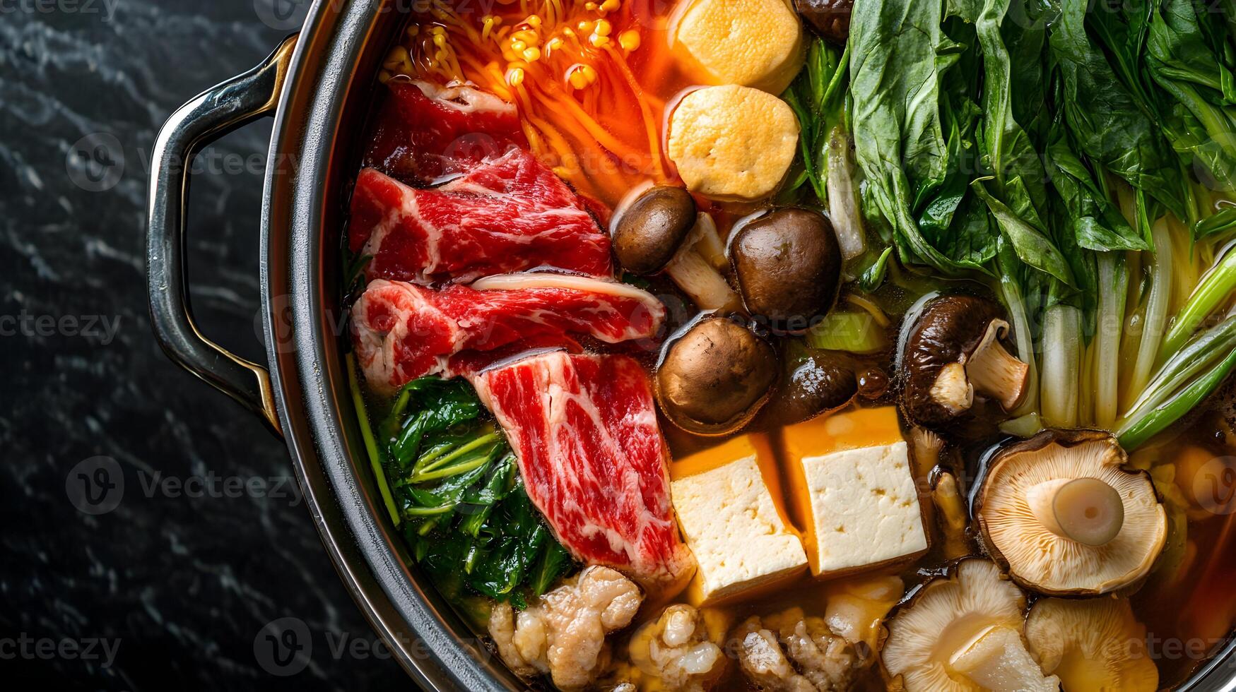 A detailed shot of a Japanese hotpot filled with vegetables, mushrooms, tofu, and thin slices of beef, with the broth gently simmering photo
