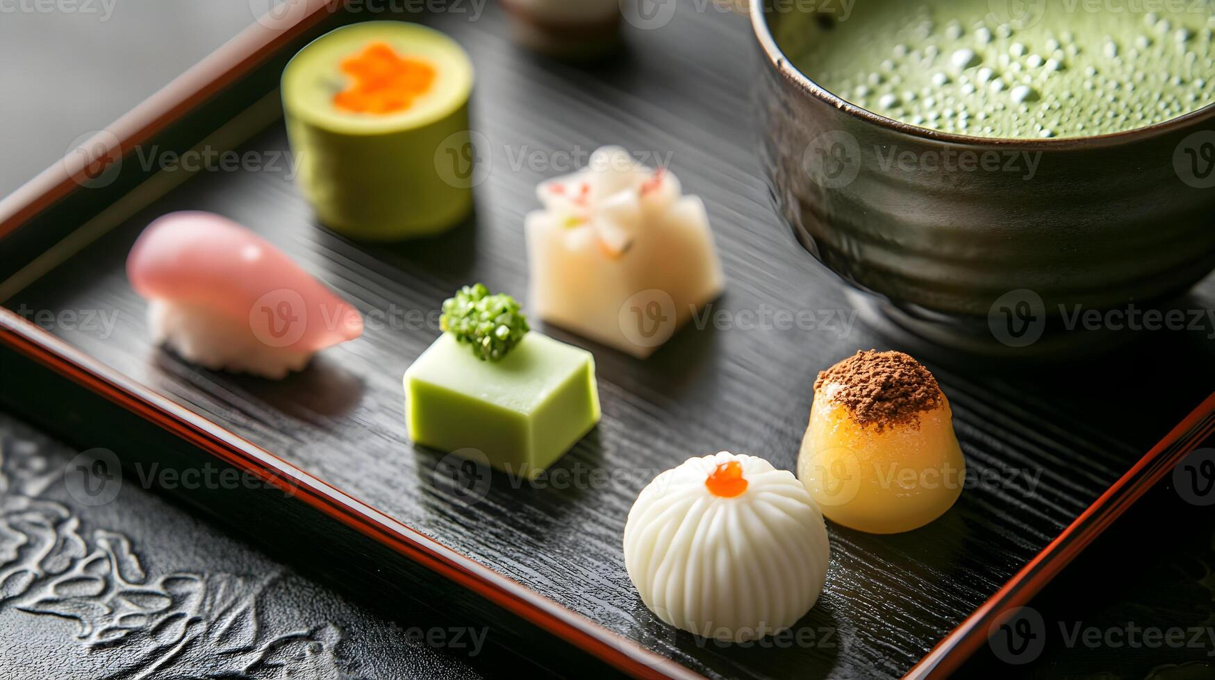 A serene scene of Japanese tea ceremony sweets, with delicate wagashi served on a lacquered tray beside a small bowl of foamy matcha tea photo