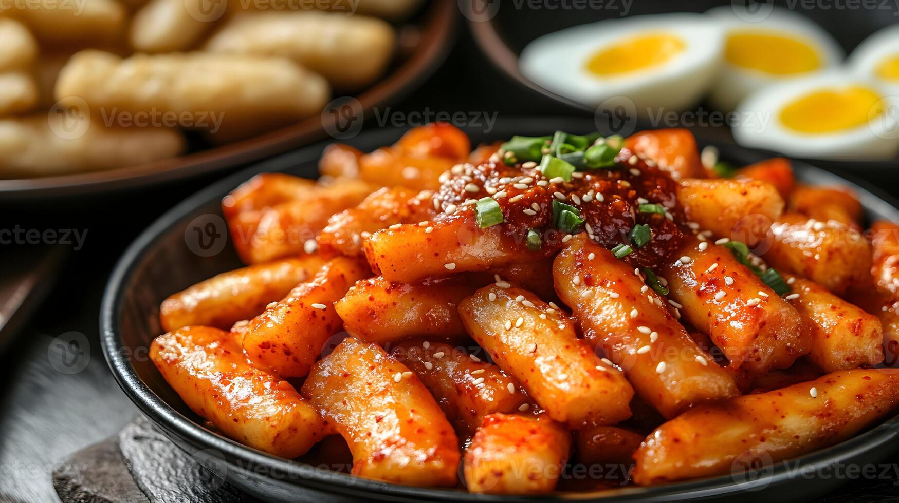 Beautifully presented Korean street food featuring crispy tteokbokki, spicy rice cakes covered in red chili sauce, with fish cakes and boiled eggs in the background photo