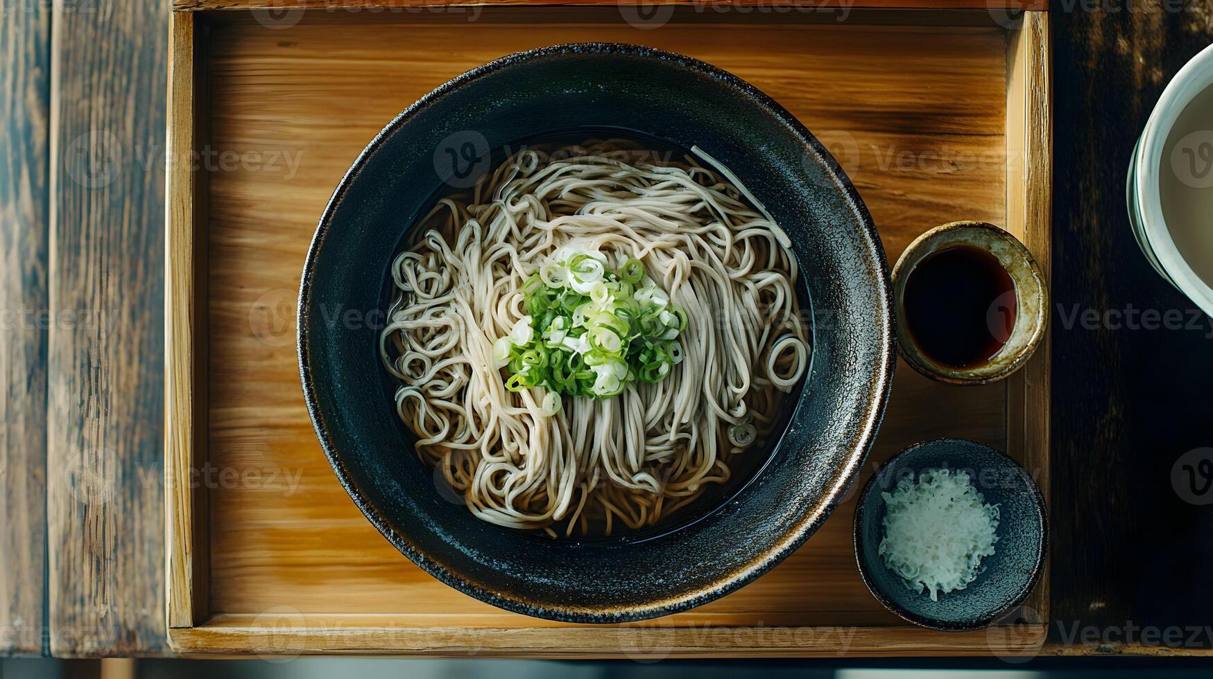 A bowl of chilled zaru soba noodles served on a bamboo tray with a small dish of dipping sauce, garnished with finely chopped green onions and grated daikon photo