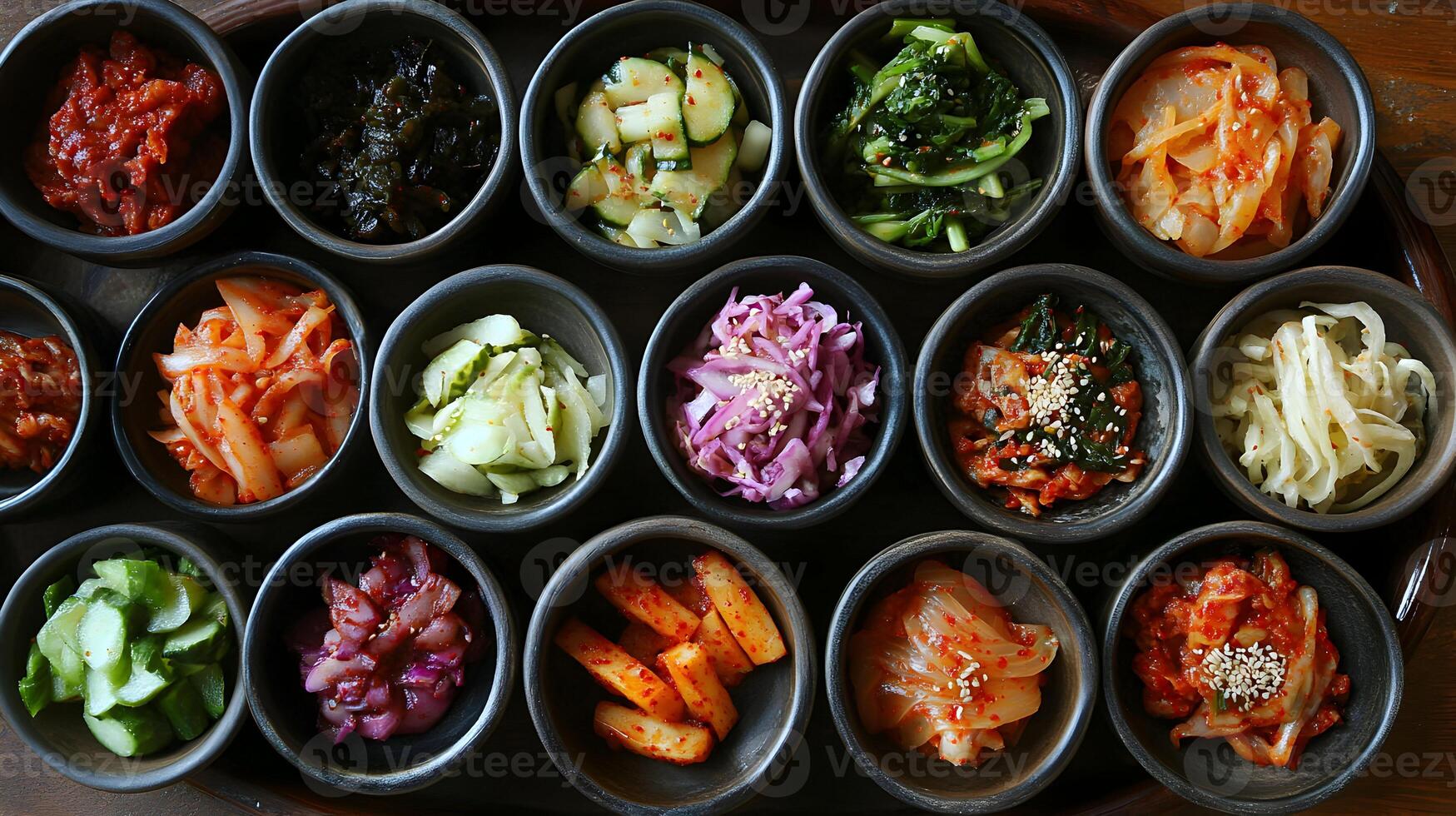 A beautifully arranged platter of Korean pickled vegetables and kimchi, displayed in small earthenware bowls, with vibrant colors and various textures contrasting each dish photo