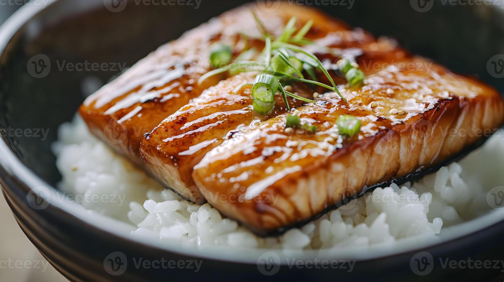 A close-up of a beautifully grilled slice of unagi glazed in sweet soy sauce, placed elegantly over a bed of white rice in a traditional ceramic bowl photo