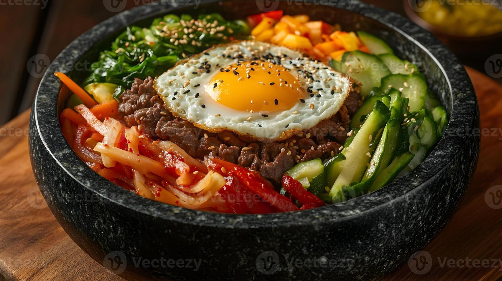 A vibrant Korean dish featuring Bibimbap, a colorful assortment of vegetables, beef, and a sunny-side-up egg, served in a hot stone bowl, with vibrant colors and detailed textures photo