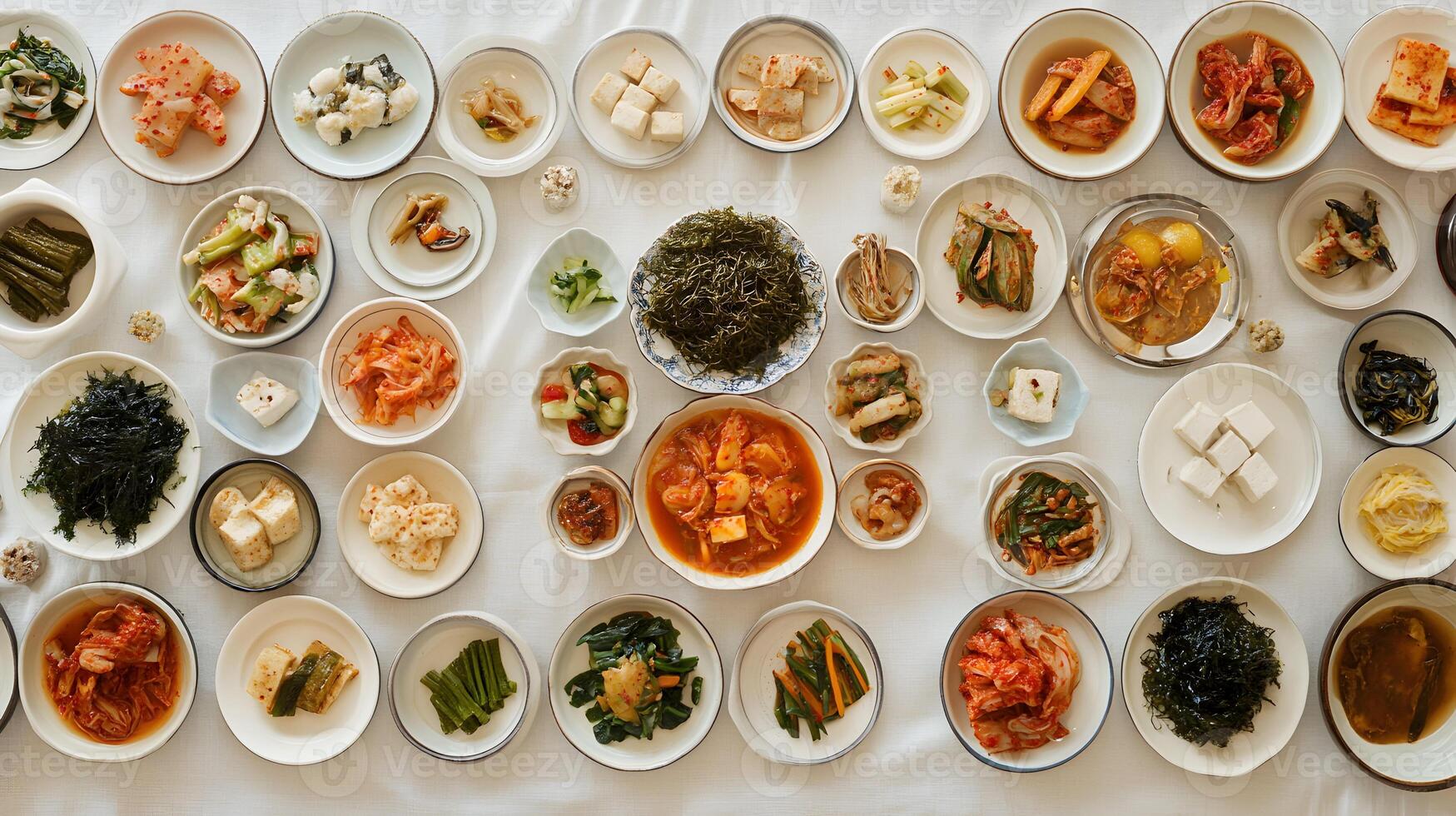 A traditional Korean dining table spread with various small dishes of banchan, including kimchi, pickled vegetables, seaweed, and tofu, perfectly arranged in a harmonious display photo