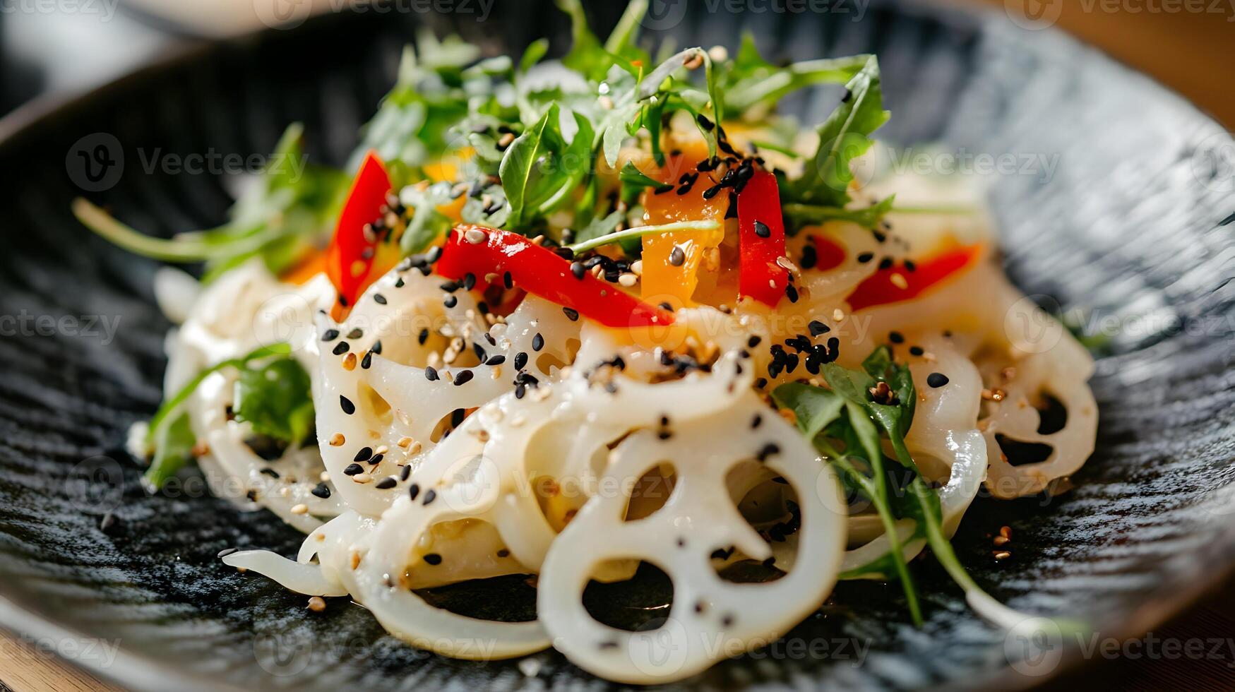 A bright and fresh salad featuring seasonal Japanese vegetables such as lotus root, daikon, and seaweed, with a light soy-based dressing photo