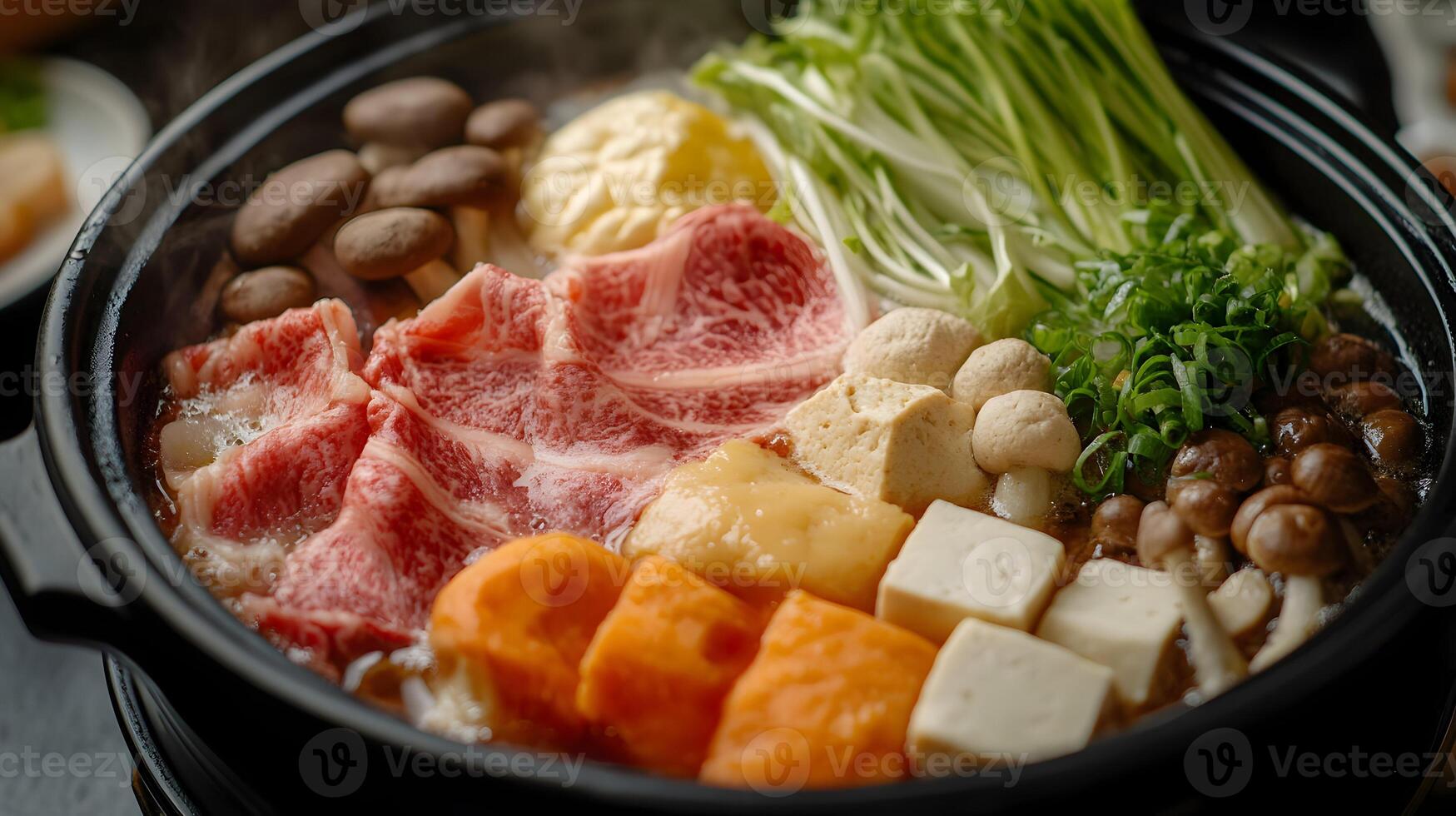 A detailed shot of a Japanese hotpot filled with vegetables, mushrooms, tofu, and thin slices of beef, with the broth gently simmering photo