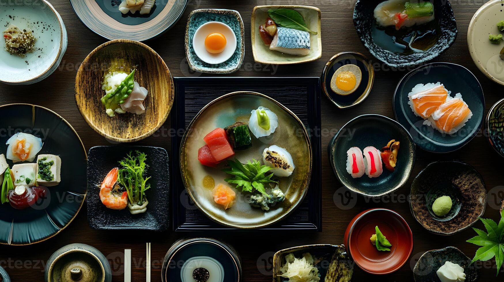 An overhead shot of kaiseki-style dining, showcasing small, artistically arranged dishes on lacquered trays with a focus on seasonal vegetables and fish photo