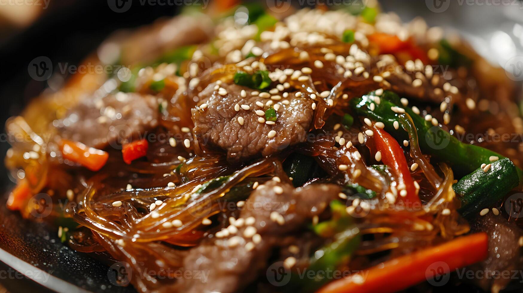 A close-up shot of a beautifully plated Japchae, stir-fried glass noodles with vegetables and beef, drizzled with sesame seeds and soy sauce, showcasing intricate textures photo