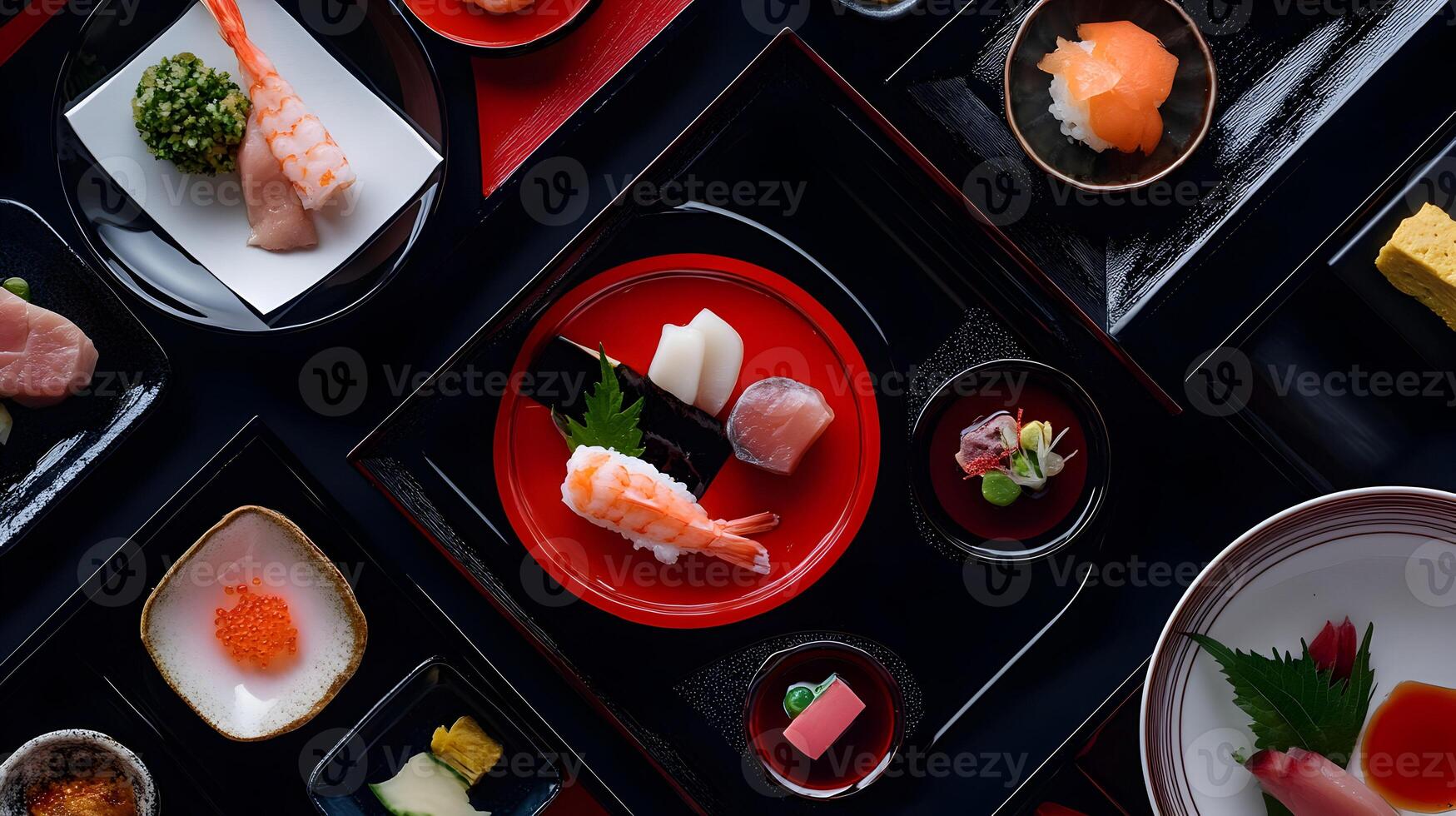 An overhead shot of kaiseki-style dining, showcasing small, artistically arranged dishes on lacquered trays with a focus on seasonal vegetables and fish photo