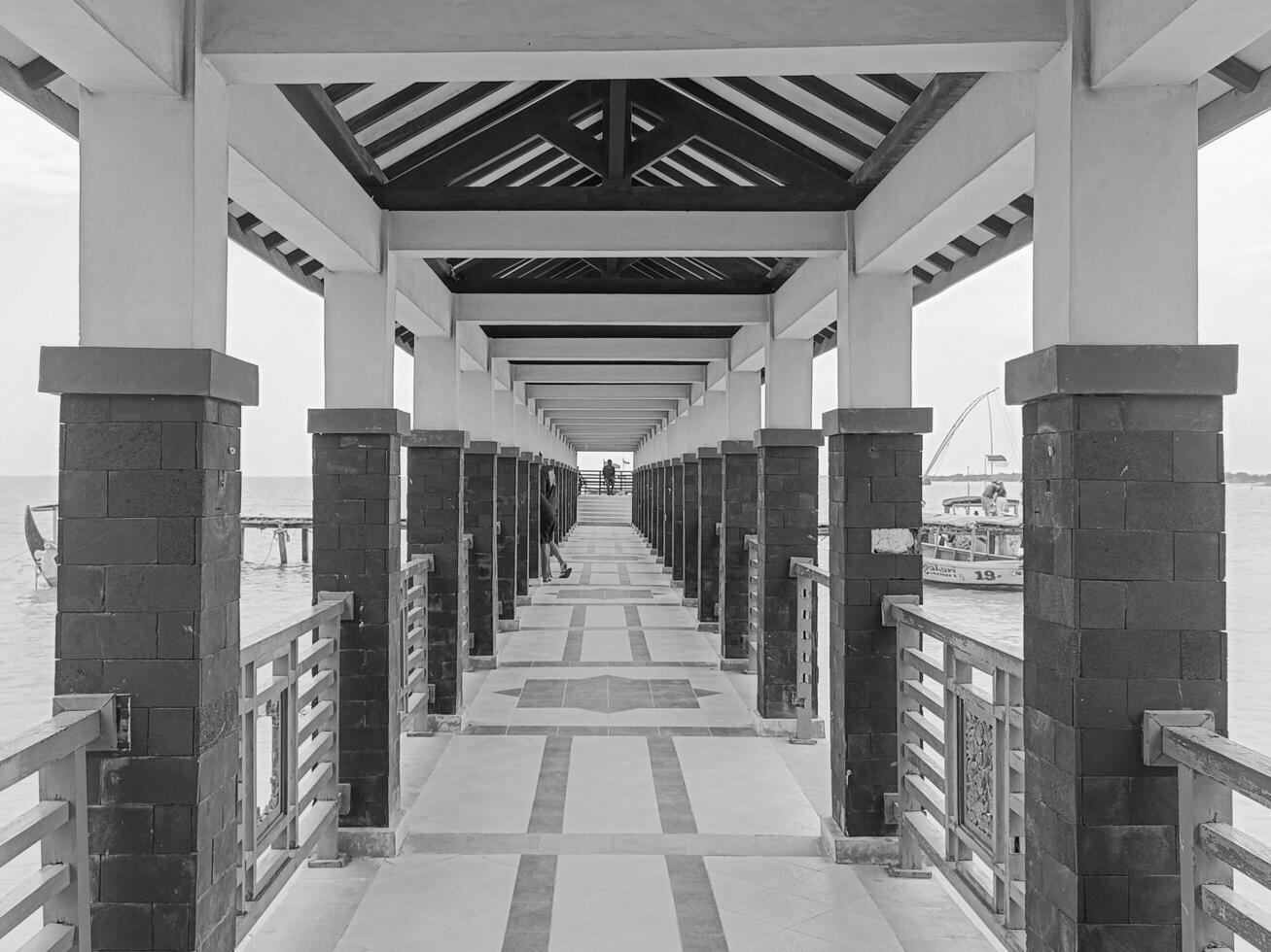 symmetrical covered walkway over water in black and white photo
