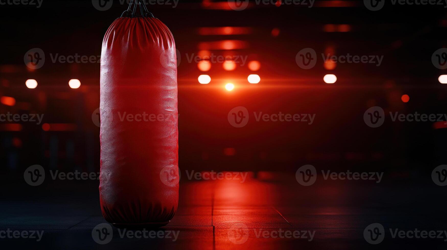 Red boxing bag illuminated by soft spotlight in a dark gym, focus on shadow and texture, symbolizing personal strength and inner power photo