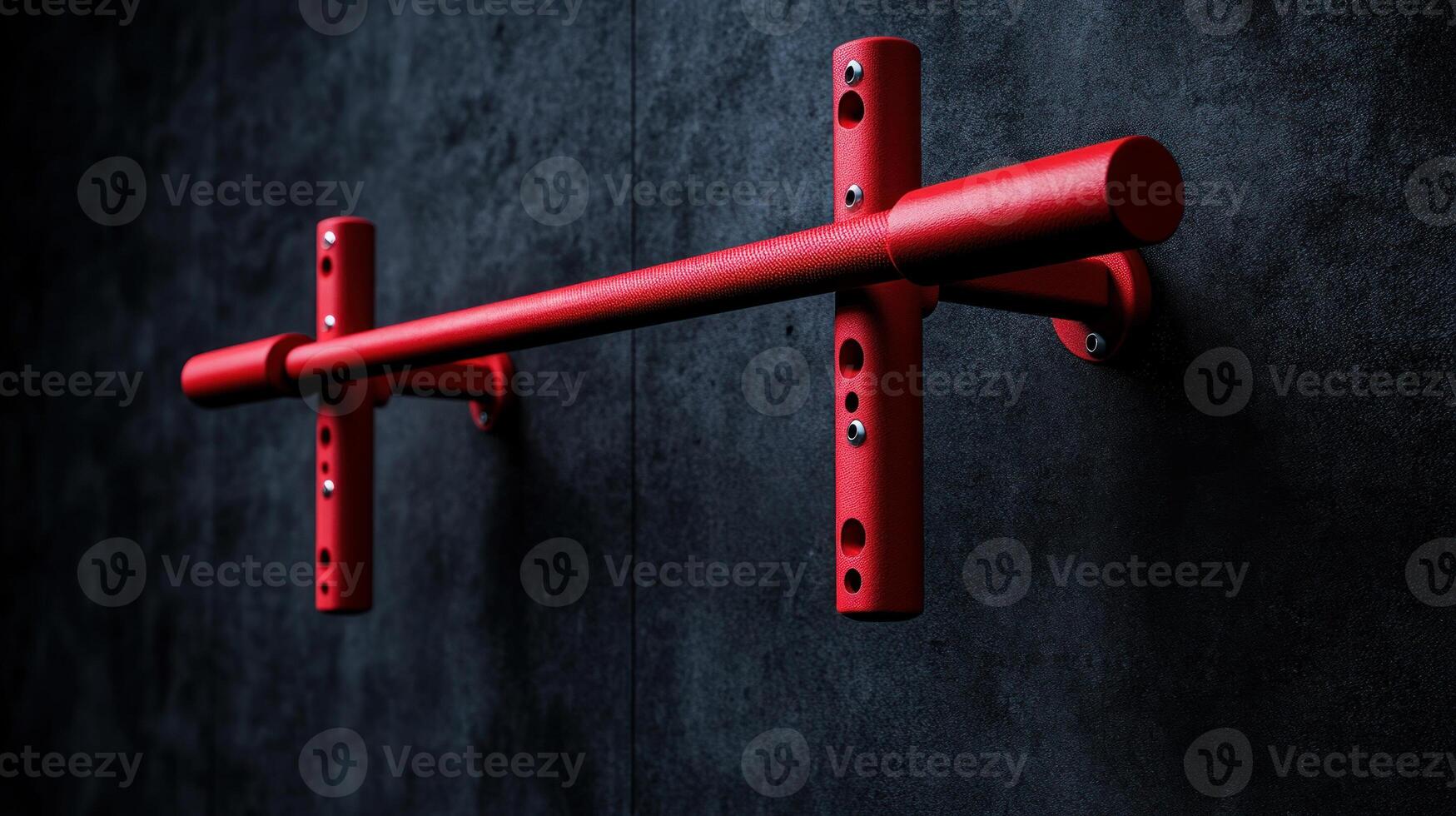 Red pullup bars mounted on a gray concrete wall, dramatic angle and lighting, emphasizing endurance and urban fitness aesthetics photo