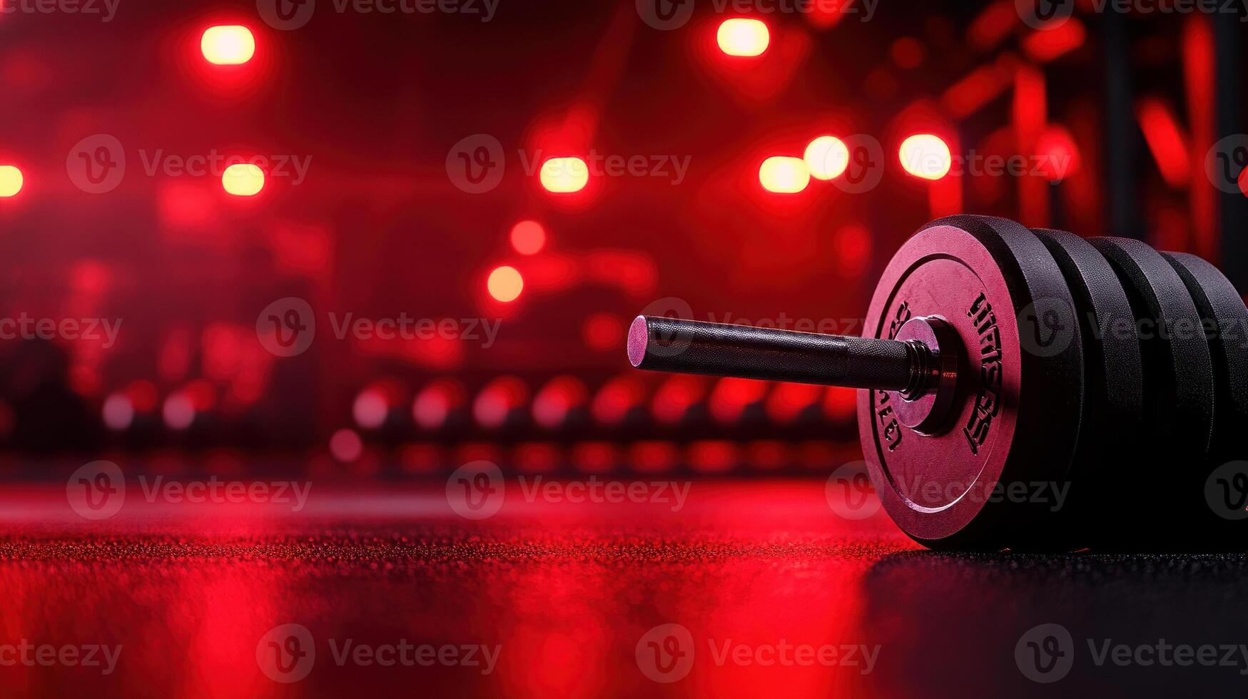 Highintensity workout scene with red gym equipment, including barbells, kettlebells, and resistance bands, intense training concept in a sleek fitness environment photo