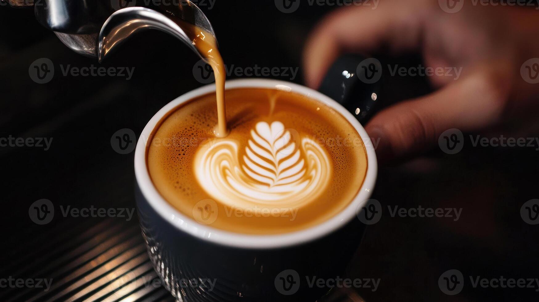 A barista preparing a latte with intricate latte art photo