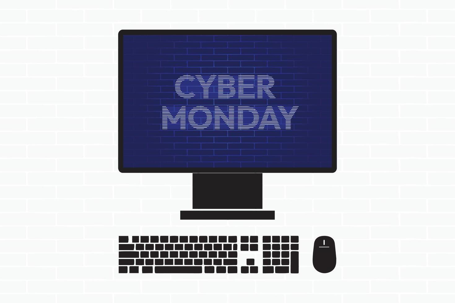 Cyber Monday text on computer screen with keyboard and mouse. vector