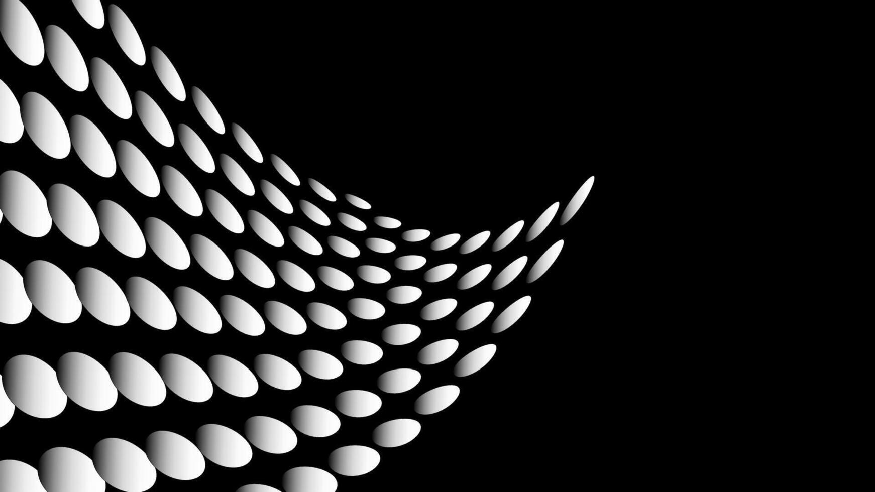 Fluidity white ovals in a curved pattern on a black background. Suitable for modern design projects, abstract backgrounds, pattern backgrounds, and artistic creations. vector