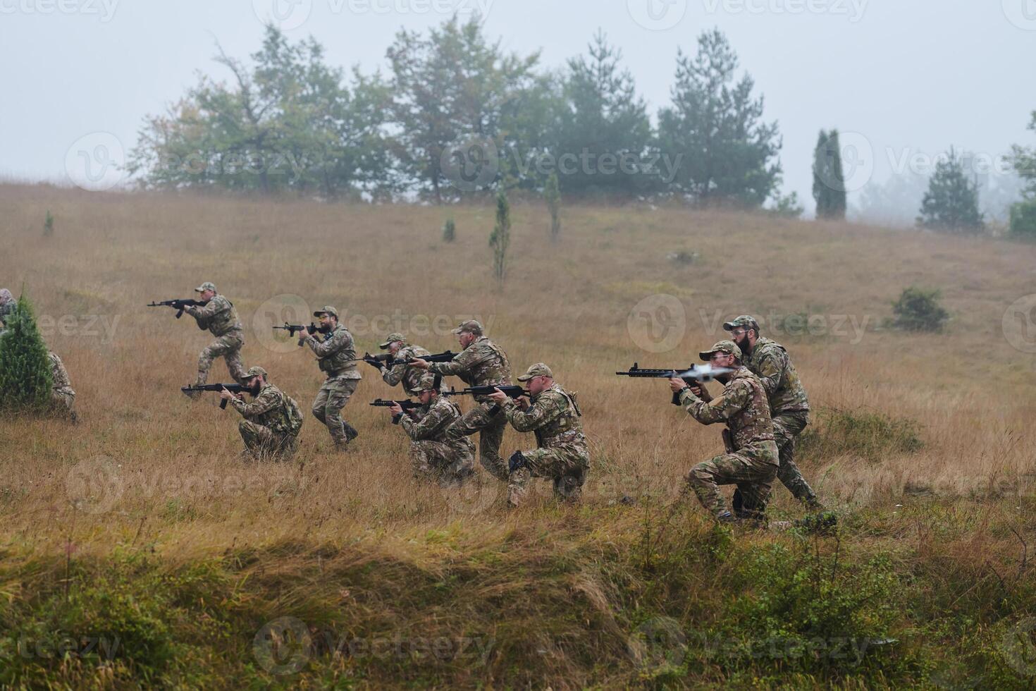 A disciplined and specialized military unit, donned in camouflage, strategically patrolling and maintaining control in a high-stakes environment, showcasing their precision, unity, and readiness for photo