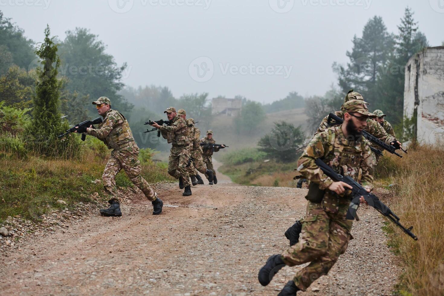 A disciplined and specialized military unit, donned in camouflage, strategically patrolling and maintaining control in a high-stakes environment, showcasing their precision, unity, and readiness for photo