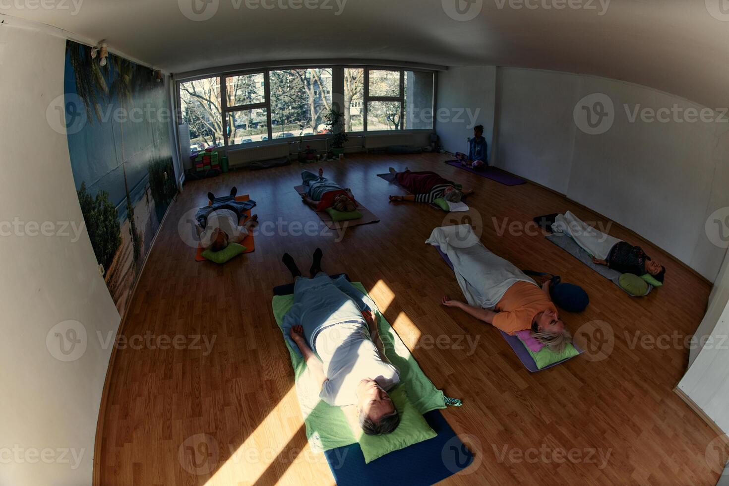 Senior Women Embrace Wellness. Yoga and Stretching in a Sunlit Space photo