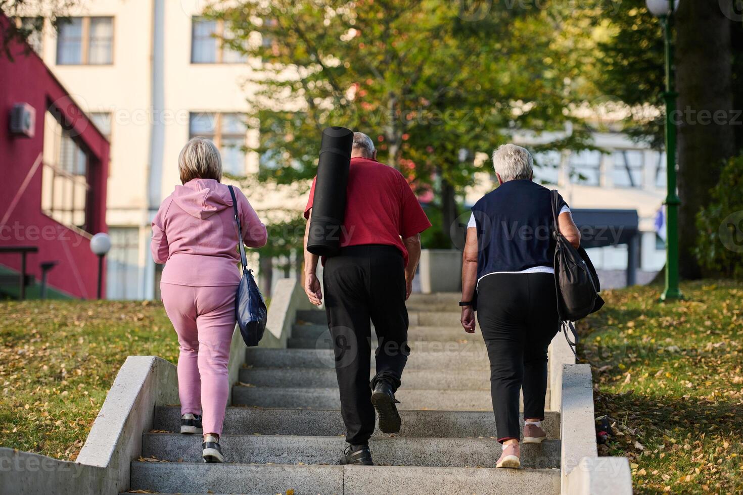 A group of senior friends takes a well-deserved break in nature, fostering not only fitness but also camaraderie and a shared commitment to maintaining a healthy and active lifestyle in their golden photo