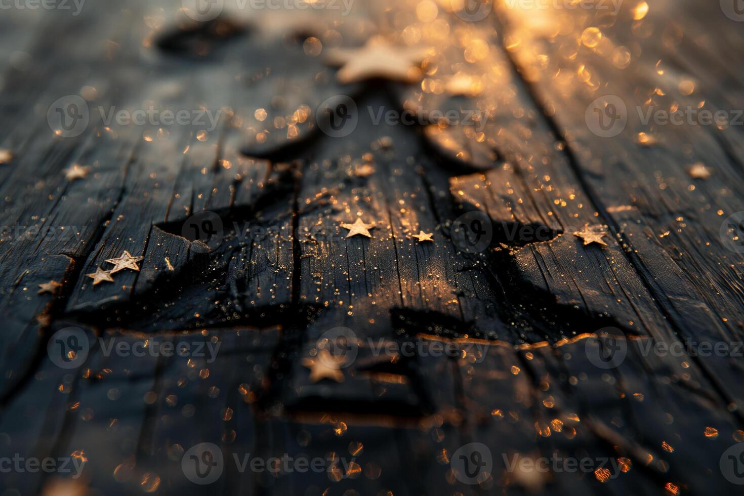 Abstract Christmas Tree Silhouette with Sparkling Stars Bokeh Effect on Wooden Background photo