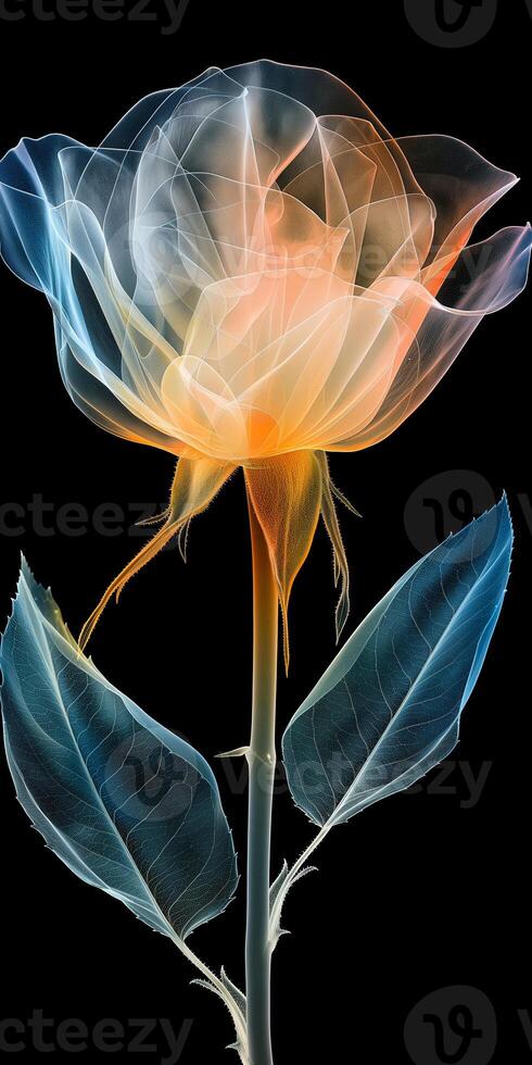 Ethereal Xray Style Multicolored Rose on Black Background photo