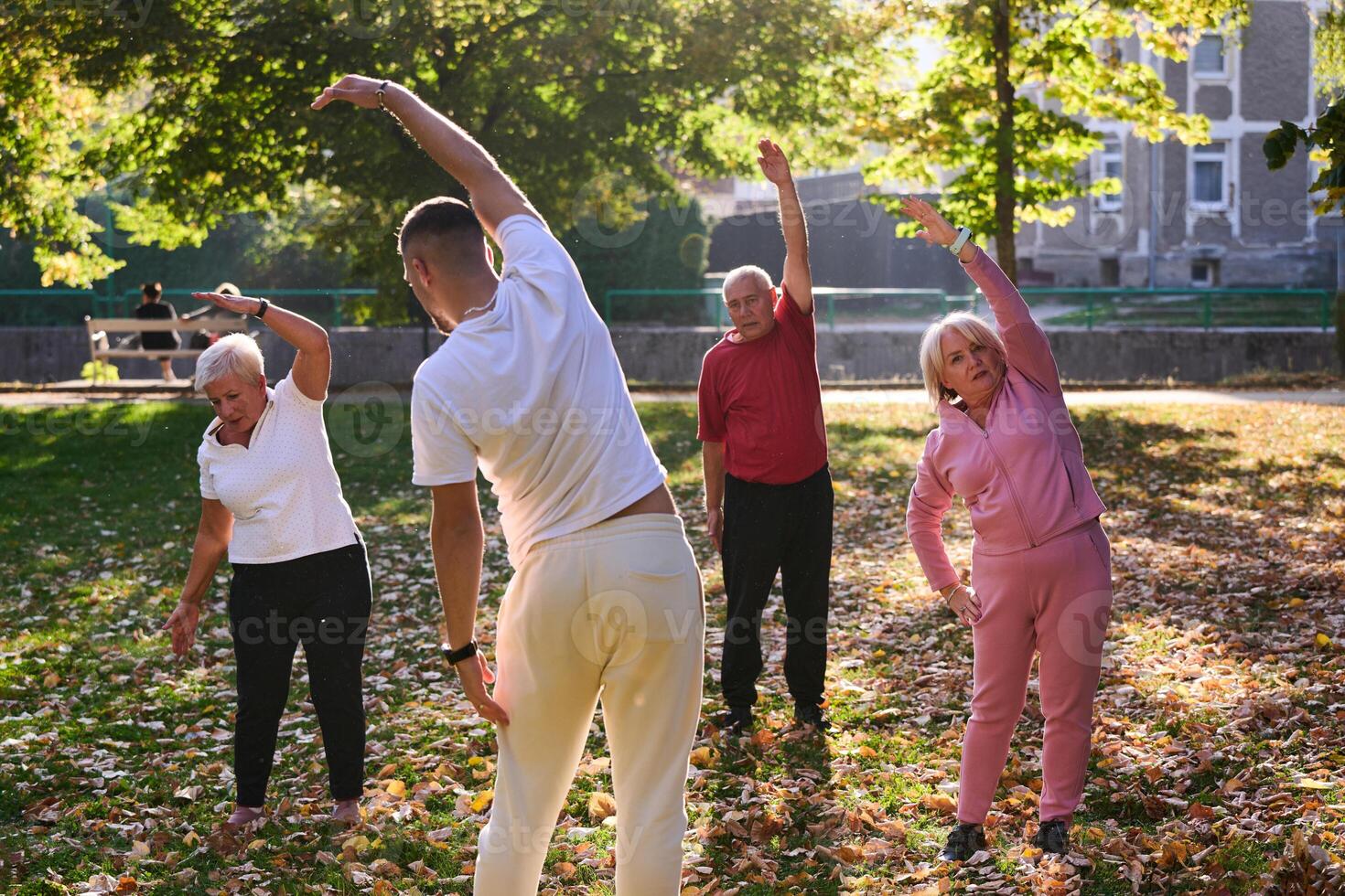 A group of seniors follows a trainer, engaging in outdoor exercises in the park, as they collectively strive to maintain vitality and well-being, embracing an active and health-conscious lifestyle in photo