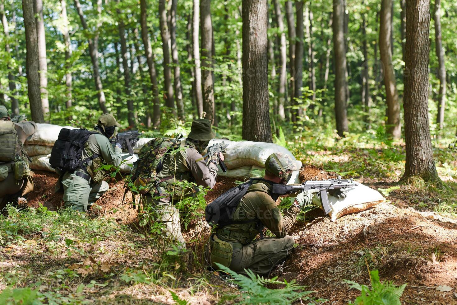A disciplined and specialized military unit, donned in camouflage, strategically patrolling and maintaining control in a high-stakes environment, showcasing their precision, unity, and readiness for photo