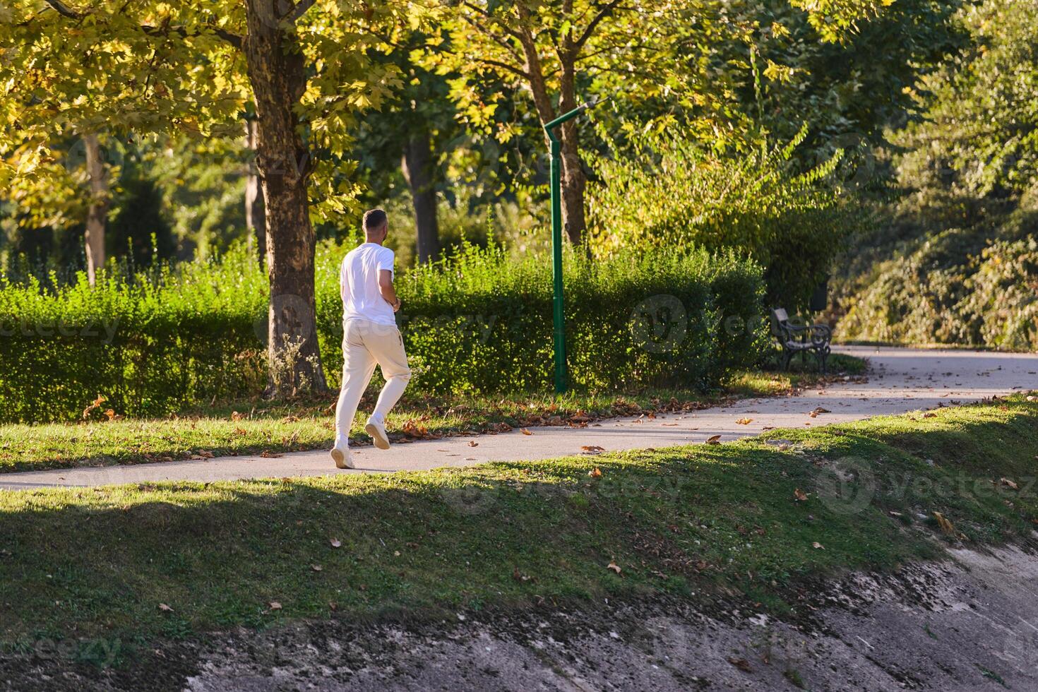 A handsome man maintains his healthy lifestyle as he runs along beautiful natural trails, embodying the essence of fitness, wellness, and vitality in the midst of scenic outdoor surroundings. photo