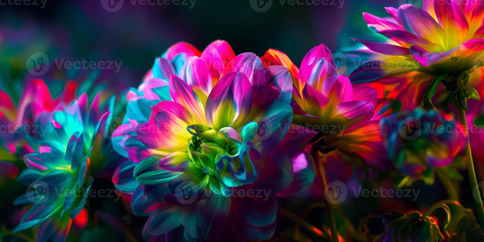 Vibrant Neon Flowers, Glowing Multicolored Blooms in Abstract Floral Arrangement photo